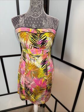 H&M Strapless Tropical Leaf Print Dress in Pink, Yellow, Black & Brown